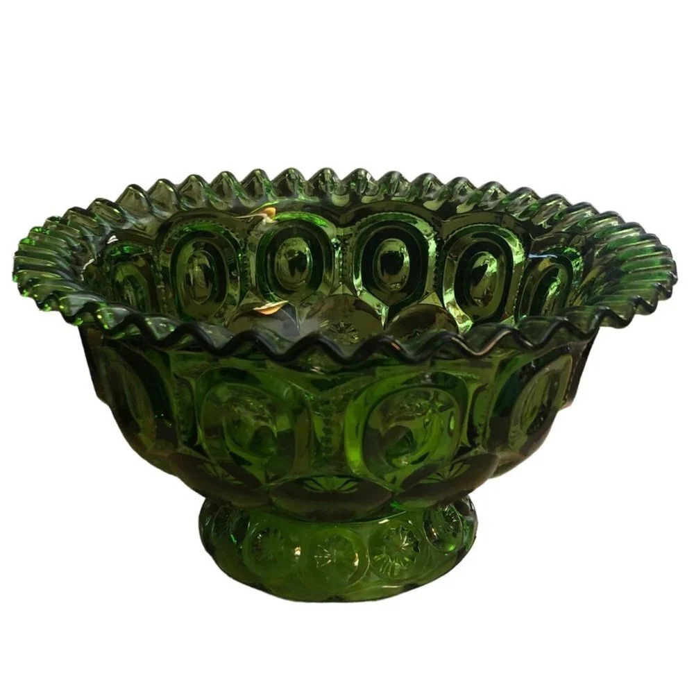 Vintage L.E. SMITH Moon & Star 5.5" x 10" Green Scallop Rim Large Footed Bowl